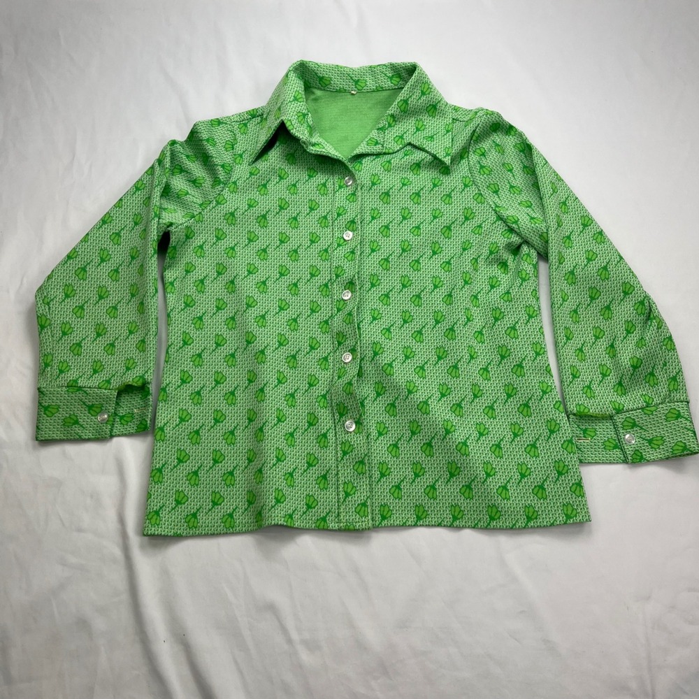 Vintage‎ 70s Retro Disco Floral Green Knit Button Front Blouse